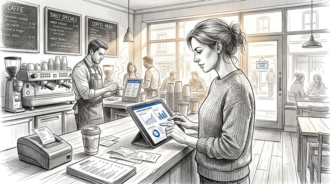 Business owner compares POS systems at café counter