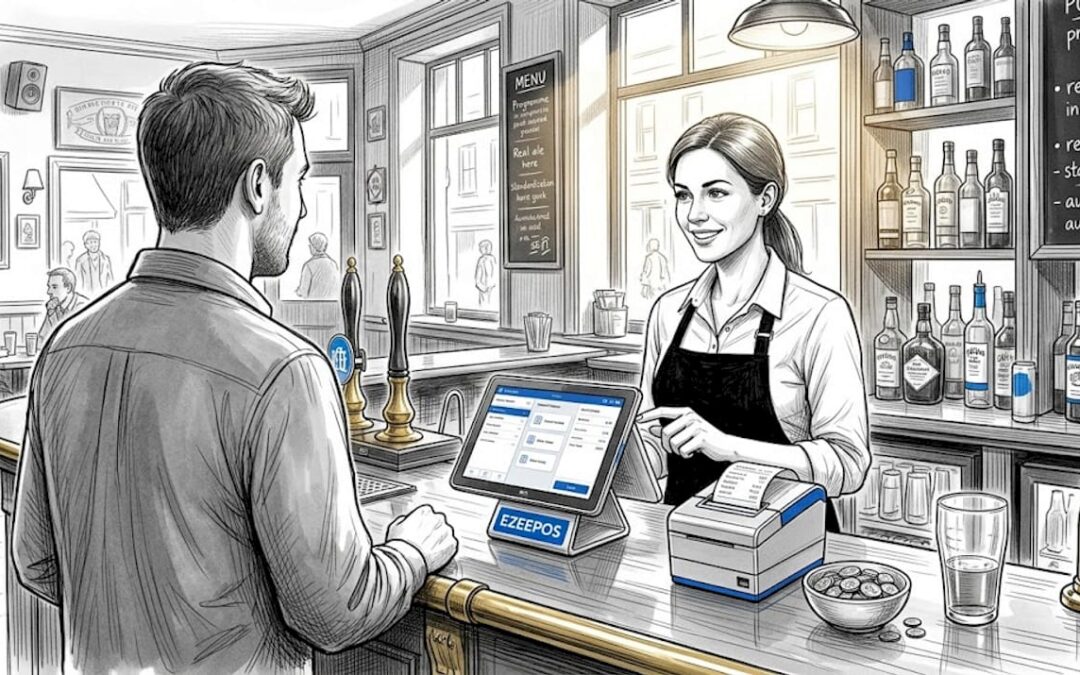 Bartender using POS system in city pub