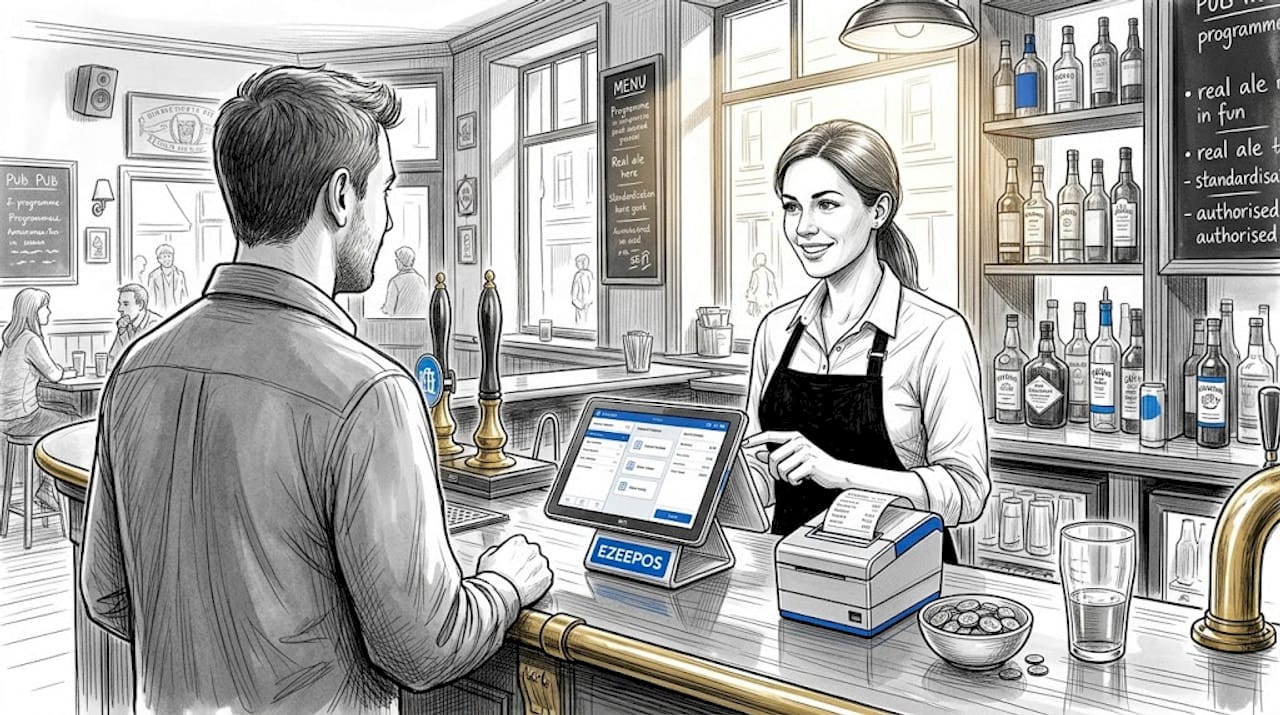 Bartender using POS system in city pub