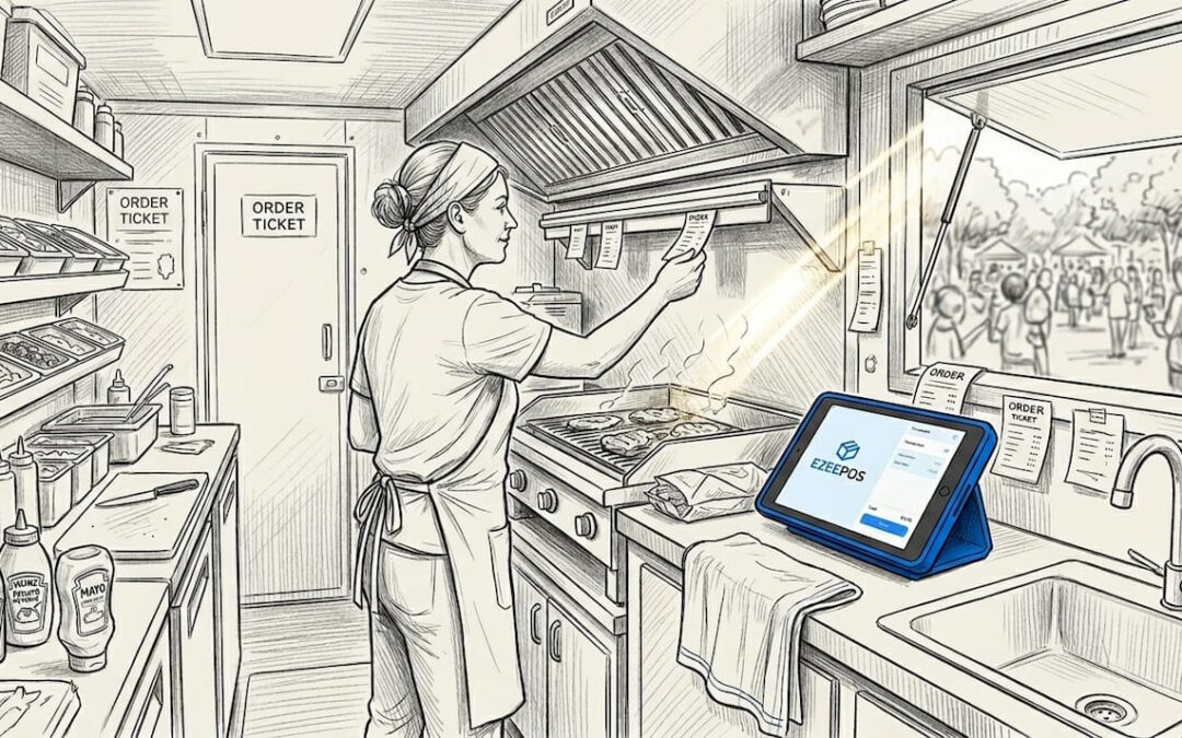 Food truck owner managing orders in busy kitchen