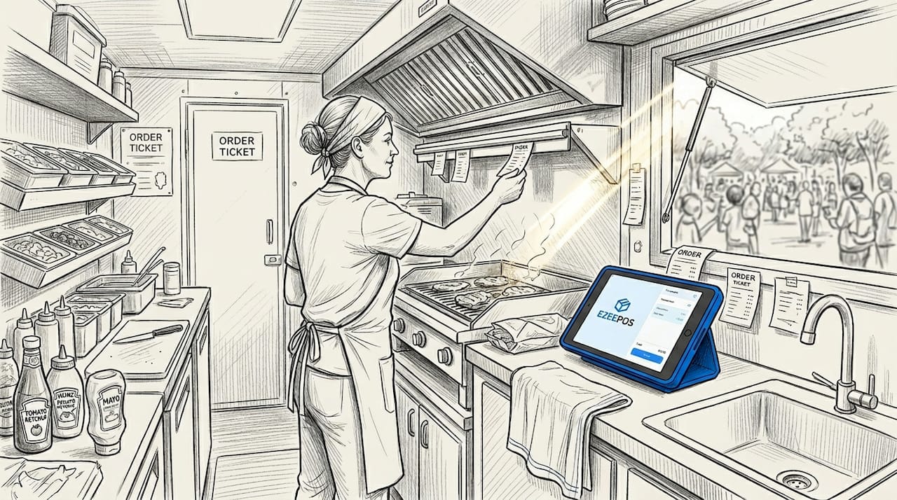 Food truck owner managing orders in busy kitchen