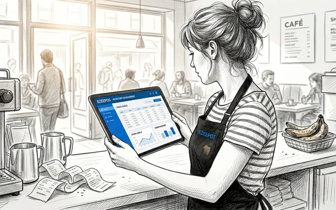Café manager checking inventory amid morning rush