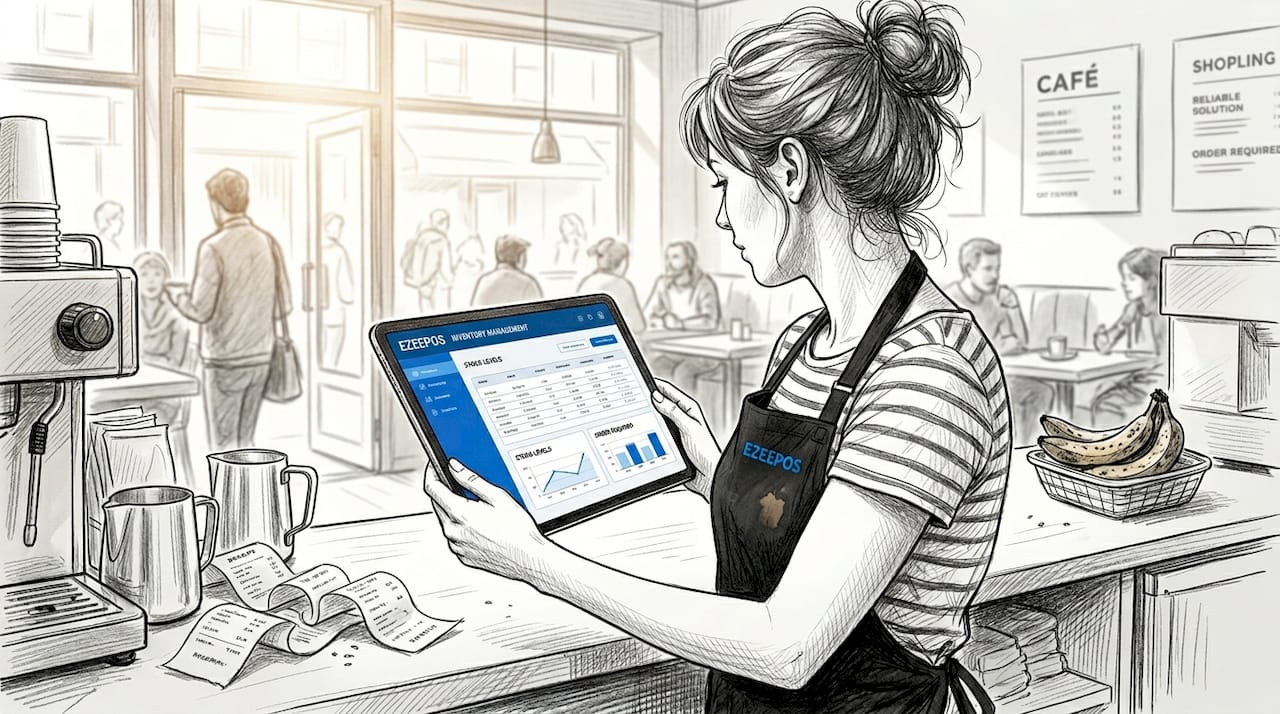 Café manager checking inventory amid morning rush