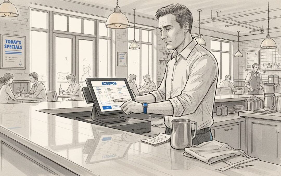 Manager uses POS system at restaurant counter