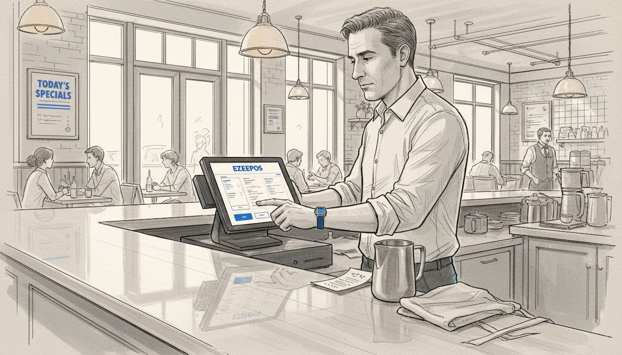 Manager uses POS system at restaurant counter