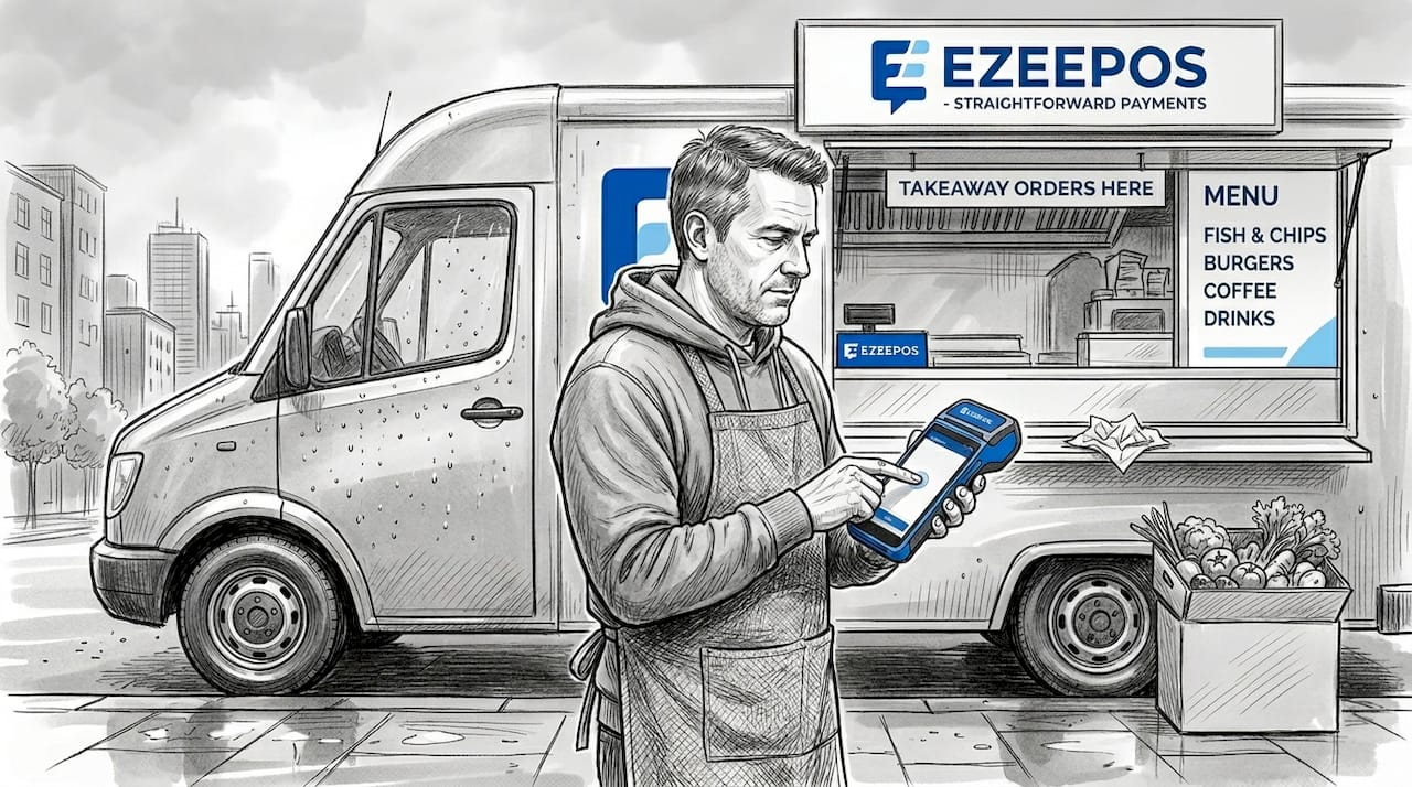 Food truck owner uses handheld POS outside truck