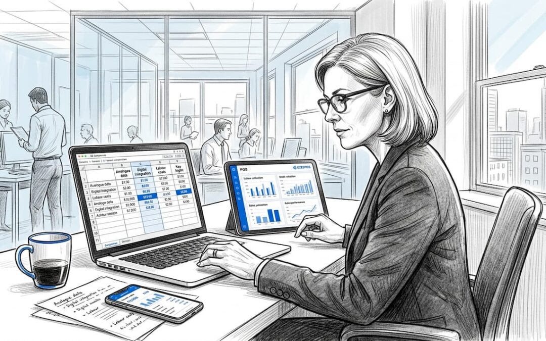 Analyst comparing pos systems at office desk