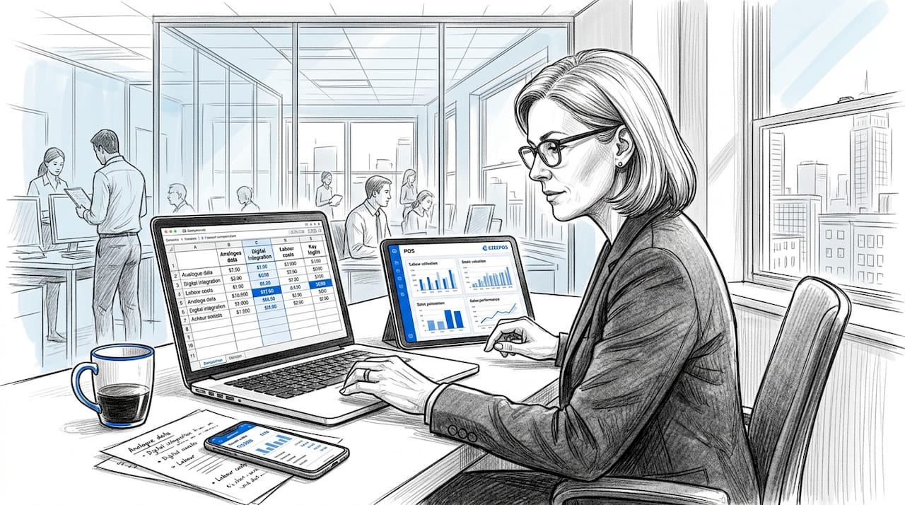 Analyst comparing pos systems at office desk
