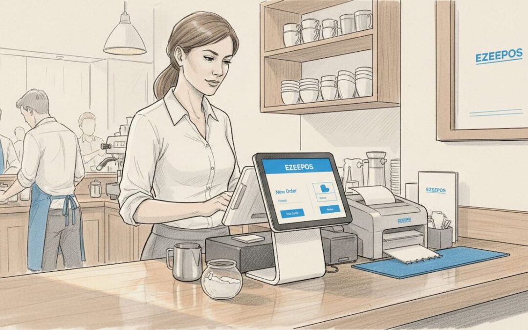 Manager using EPOS system in café