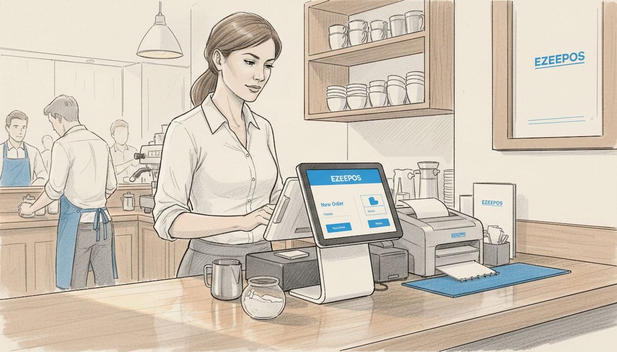 Manager using EPOS system in café