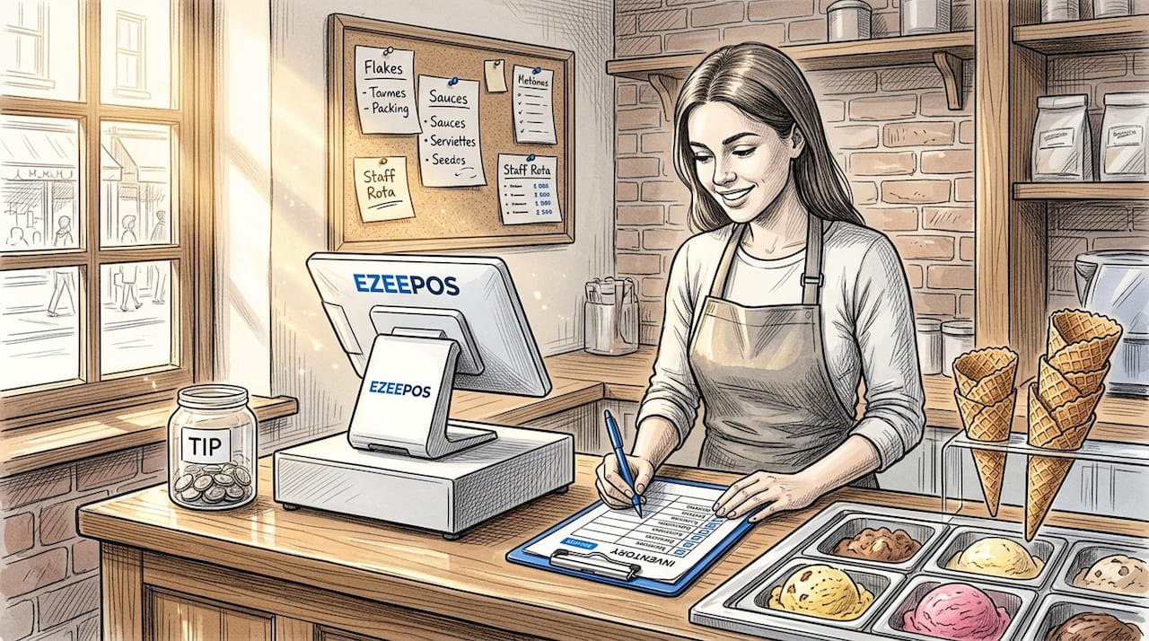 Shop owner checking stock with inventory list