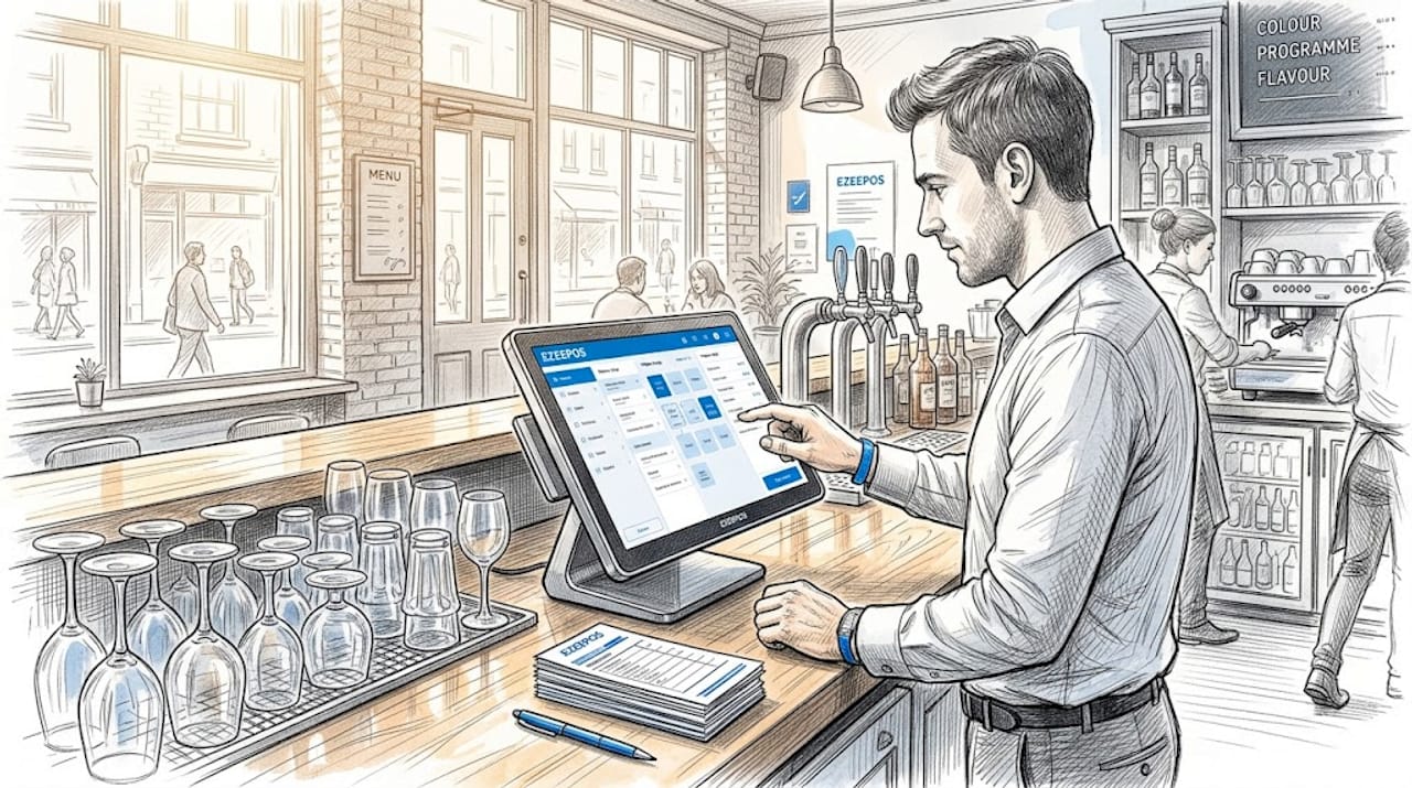 Manager using POS touchscreen behind bar