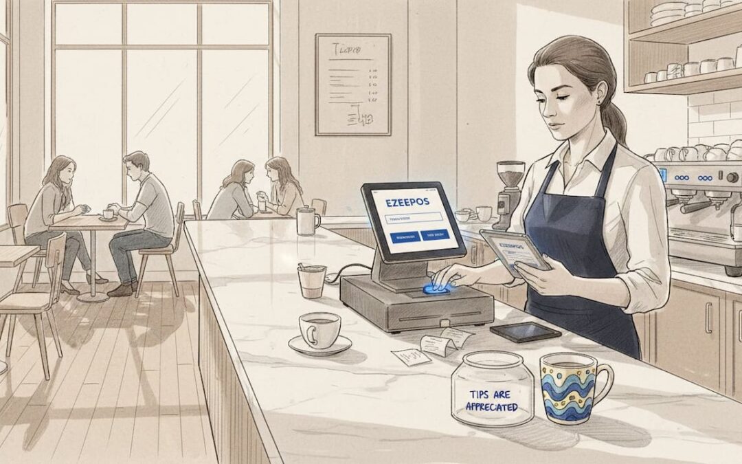 Barista using tablet and fixed POS in café