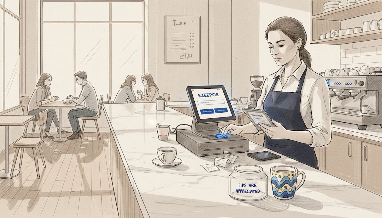 Barista using tablet and fixed POS in café