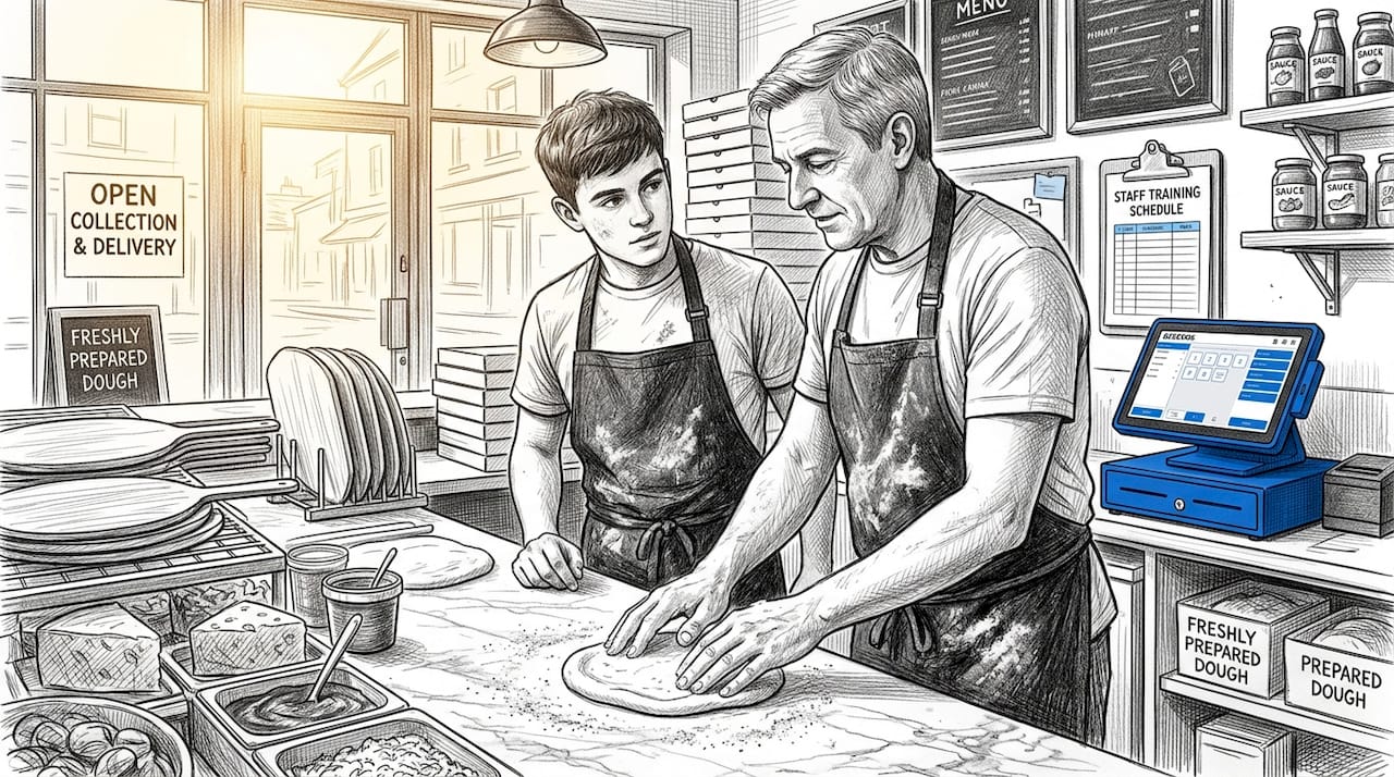Pizza shop staff training together at counter