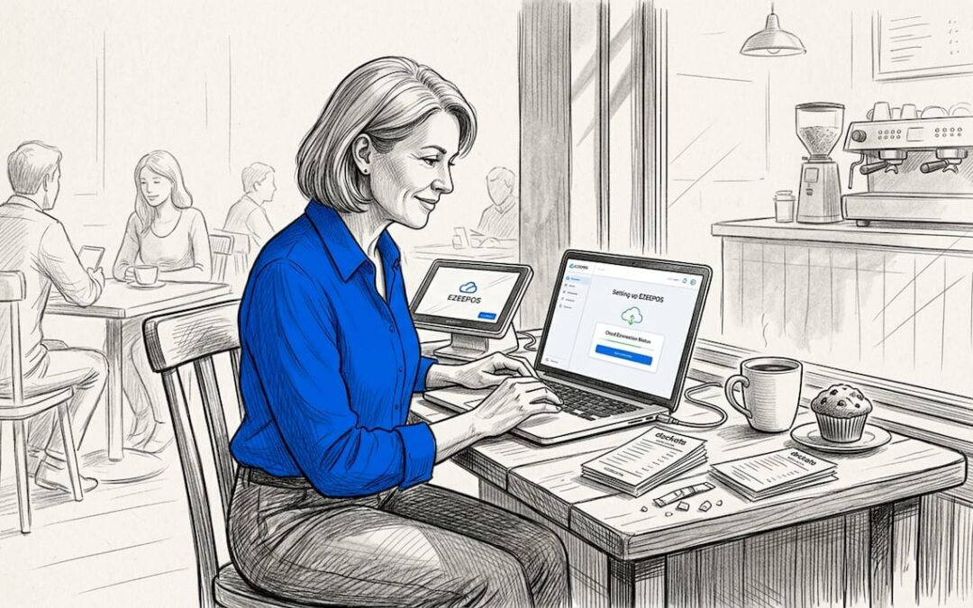 Café owner setting up cloud POS terminal