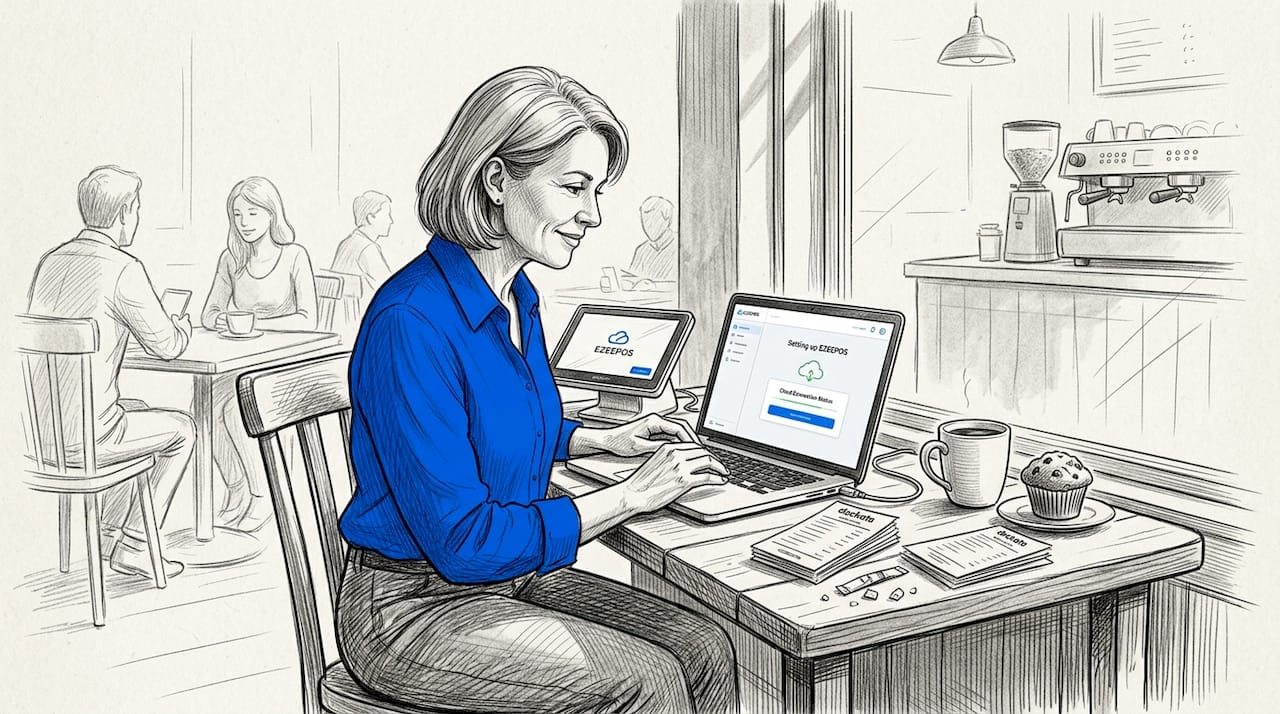 Café owner setting up cloud POS terminal