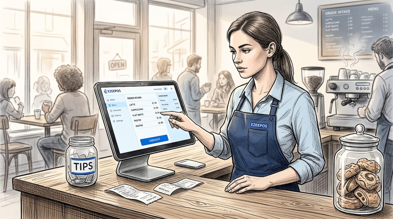 Cafe staff using touch screen POS at counter