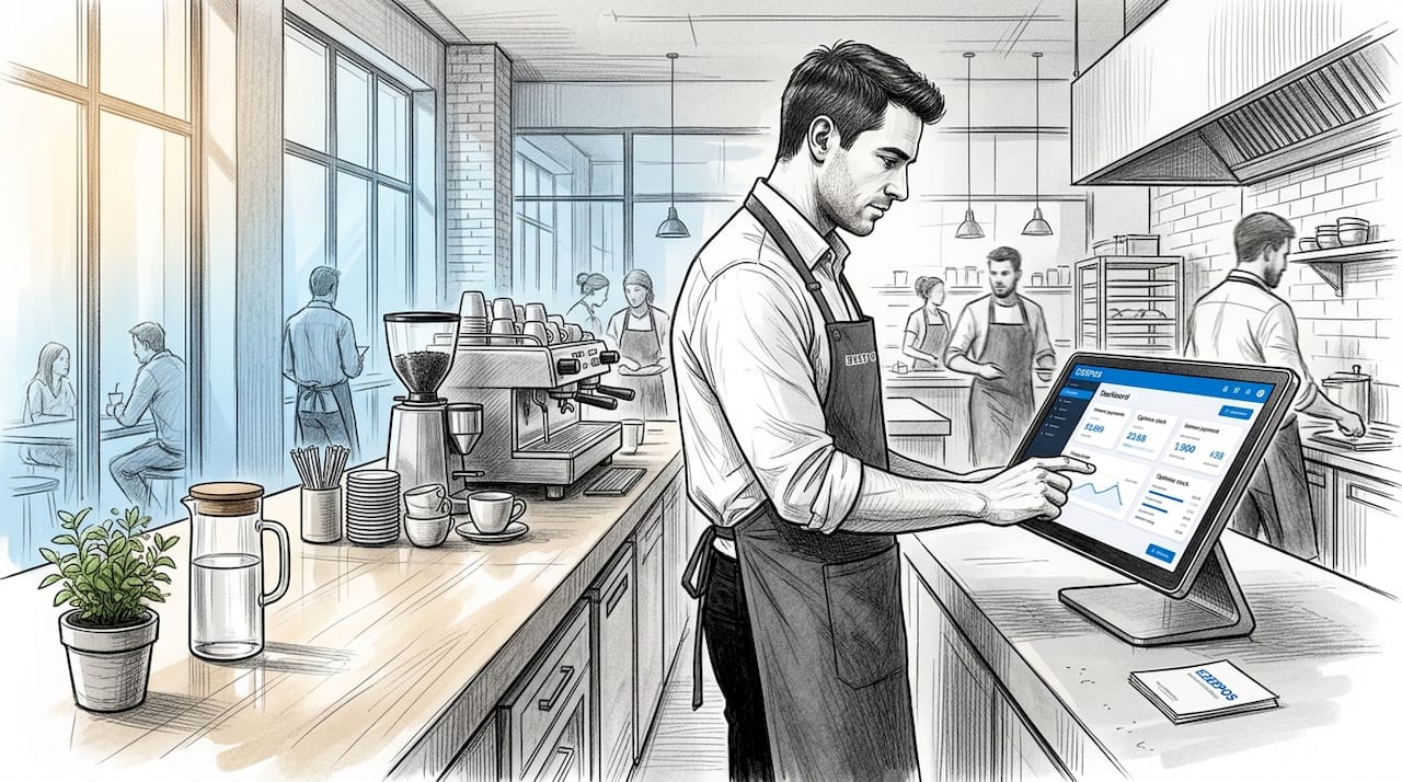 Restaurant manager reviewing POS analytics
