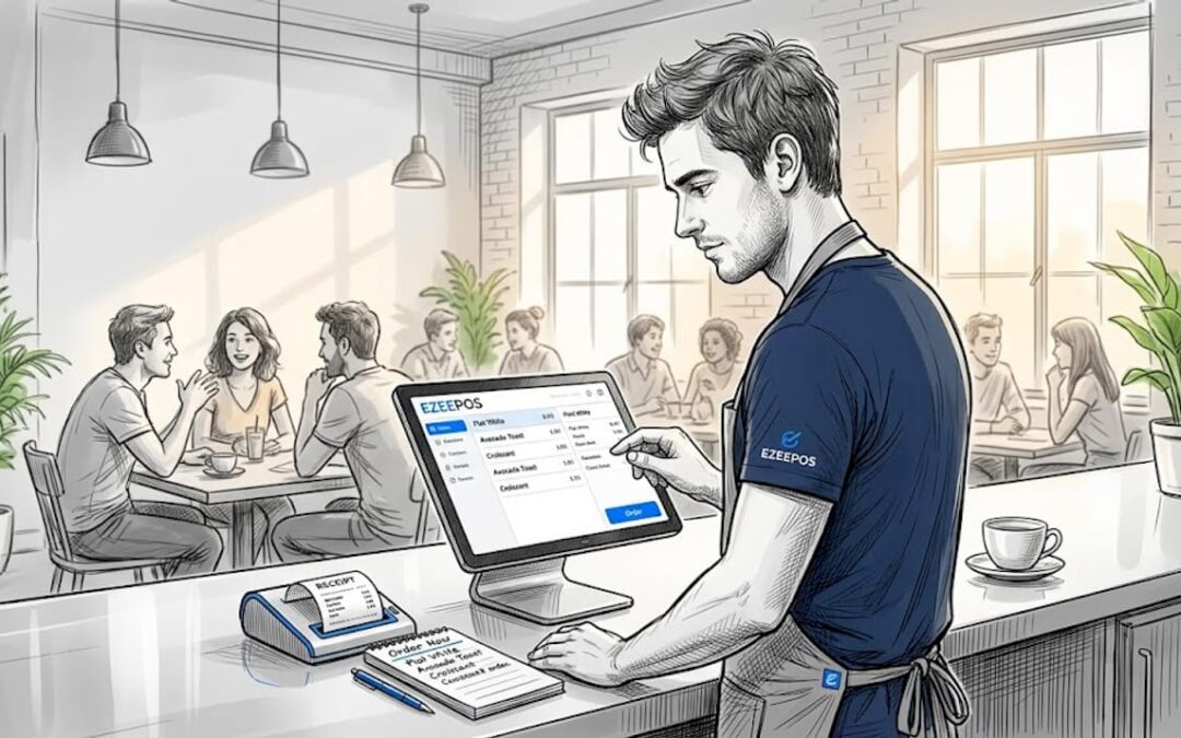 Server uses POS tablet at bustling café