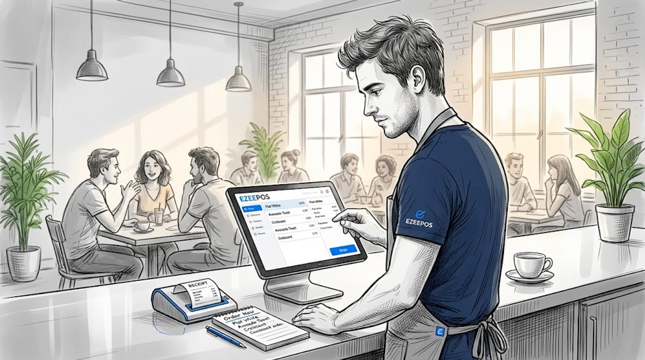 Server uses POS tablet at bustling café
