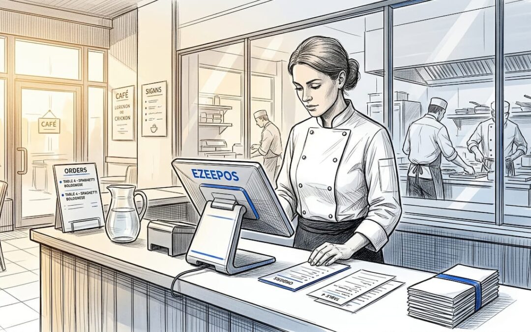 Manager checking orders at café terminal
