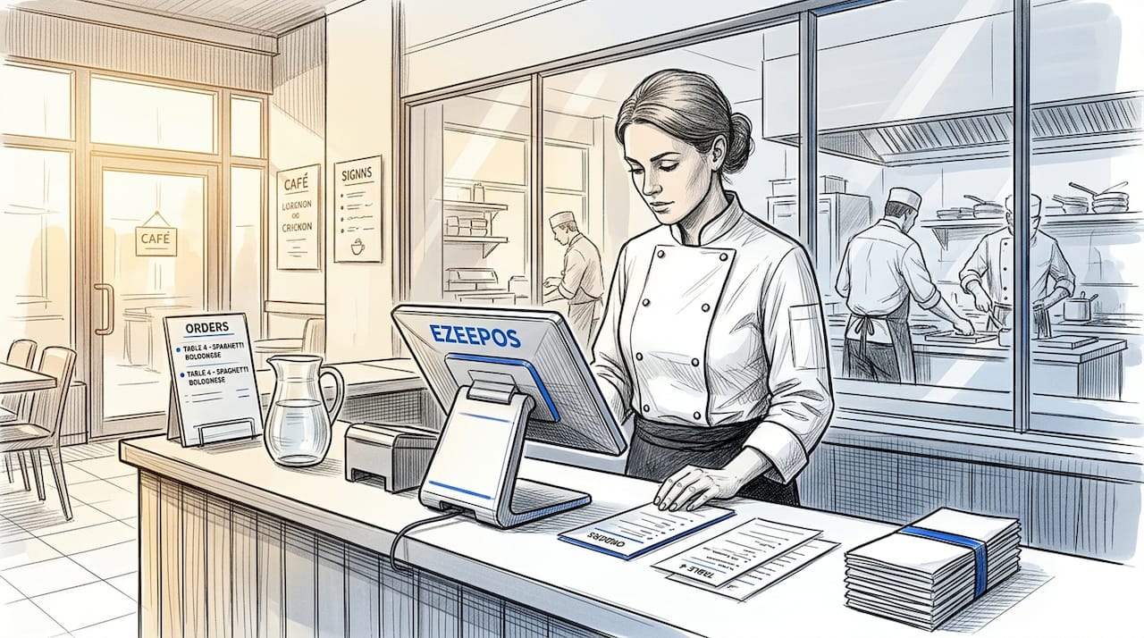 Manager checking orders at café terminal