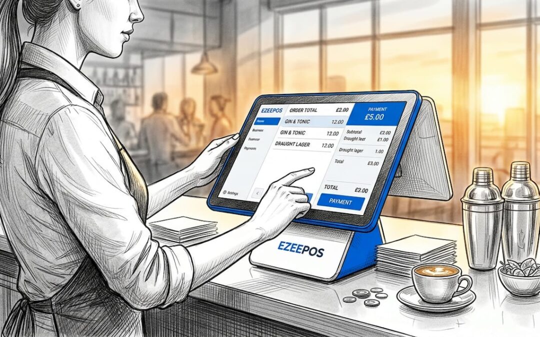 Bartender using POS terminal in busy restaurant