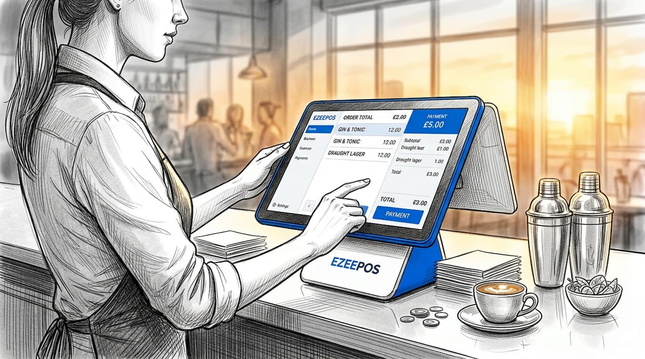 Bartender using POS terminal in busy restaurant