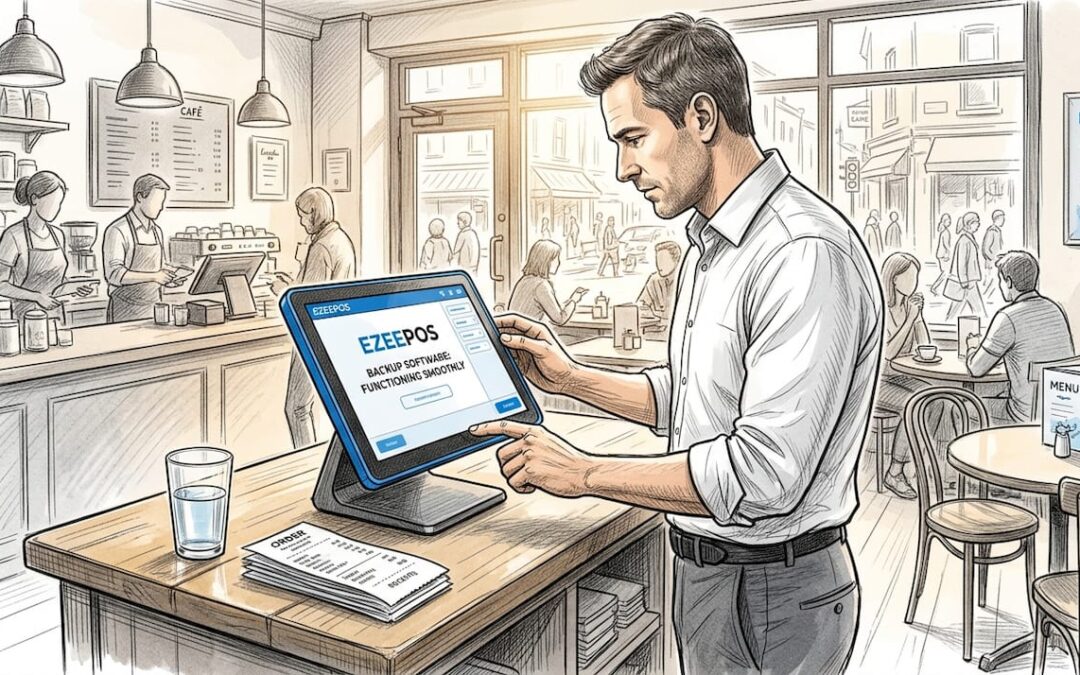 Manager checking POS backup at café