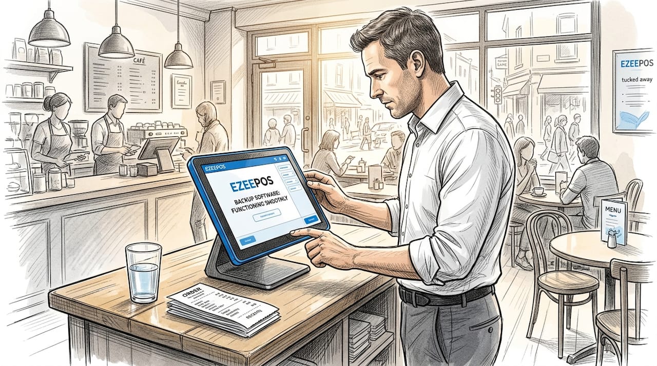 Manager checking POS backup at café
