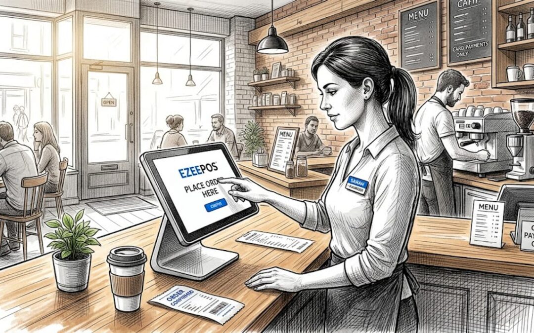 Café manager using self-service POS kiosk