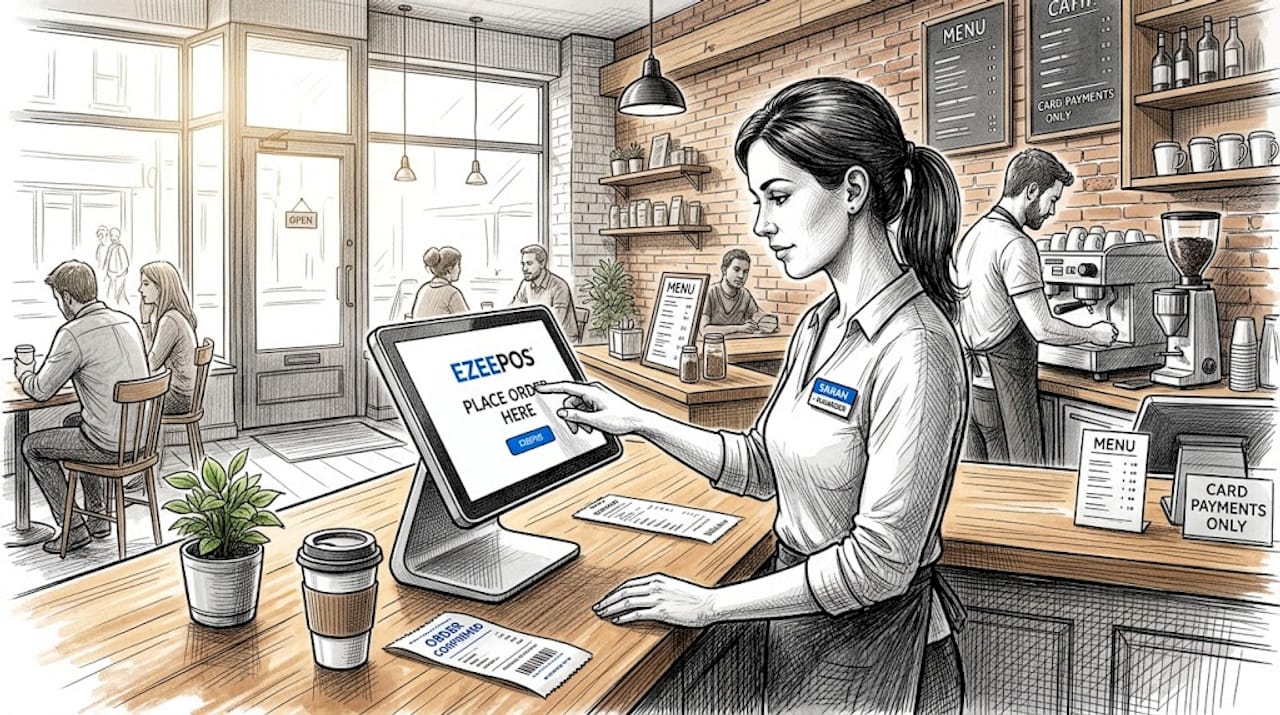 Café manager using self-service POS kiosk