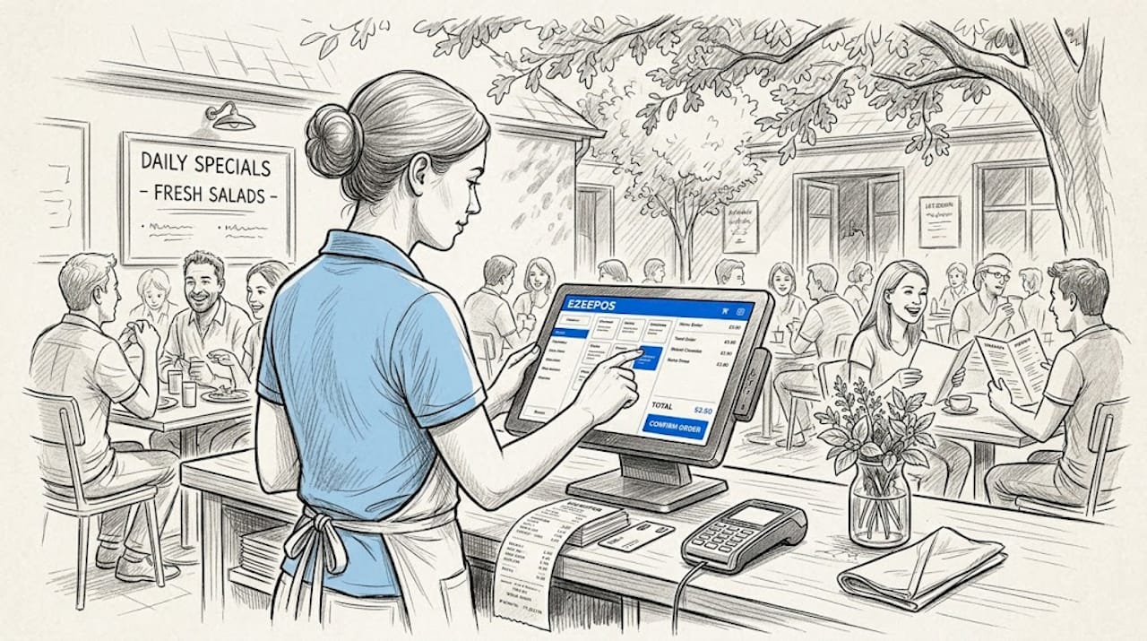 Manager using POS at fast-casual counter