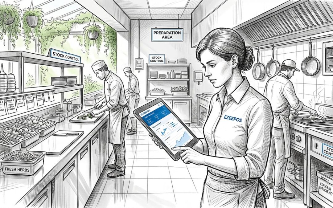 Manager analysing workflow in busy quick service kitchen