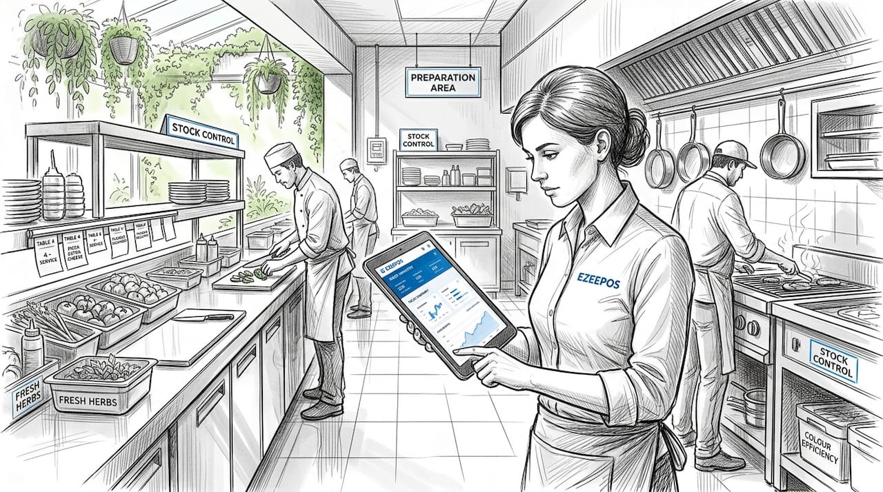 Manager analysing workflow in busy quick service kitchen