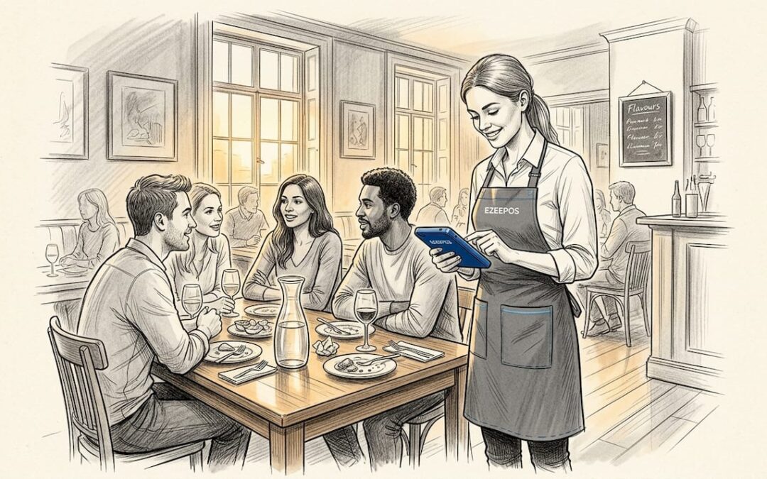 Server using handheld device at restaurant table