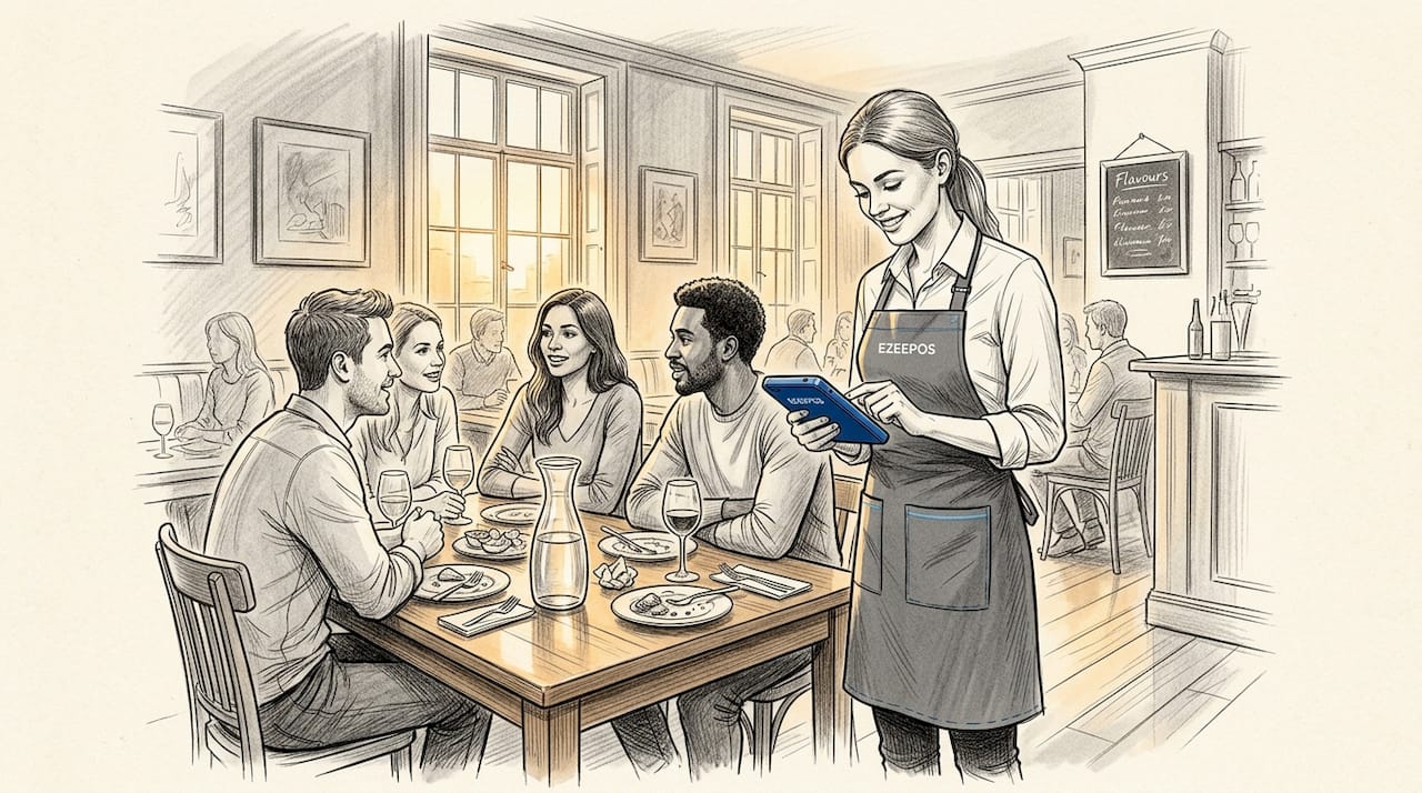 Server using handheld device at restaurant table