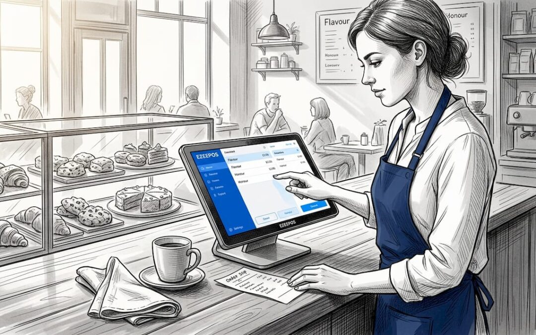 Barista using POS system in busy café
