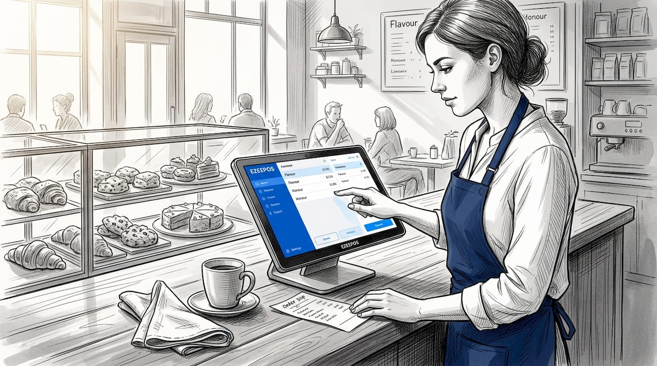 Barista using POS system in busy café