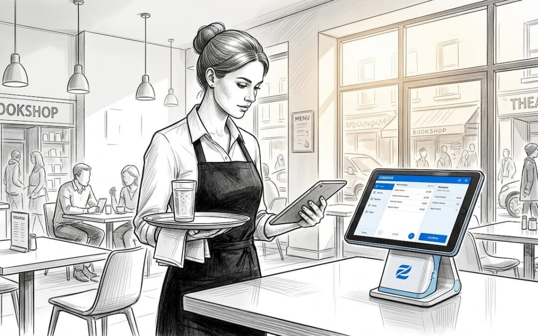 Server using handheld POS in busy restaurant