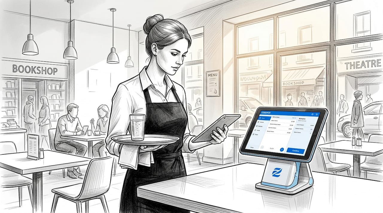Server using handheld POS in busy restaurant
