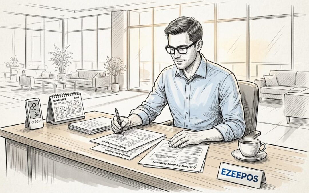 Hospitality manager reviewing sales reports at desk