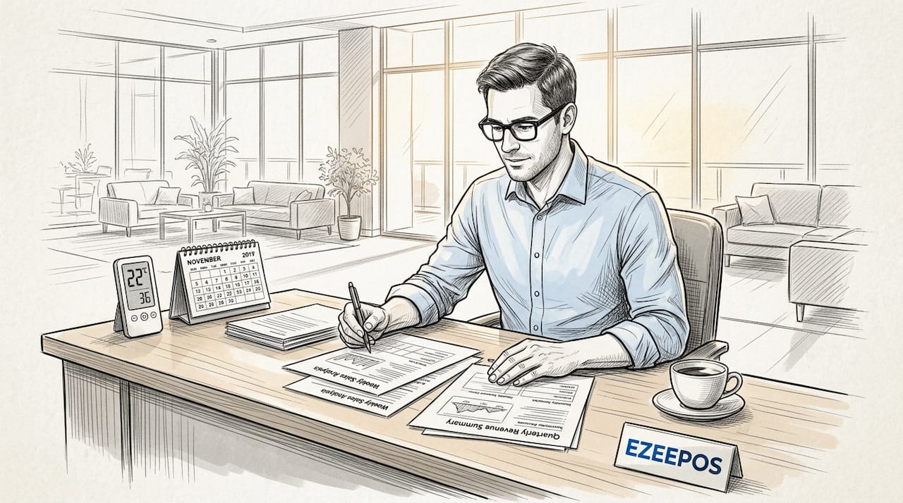 Hospitality manager reviewing sales reports at desk