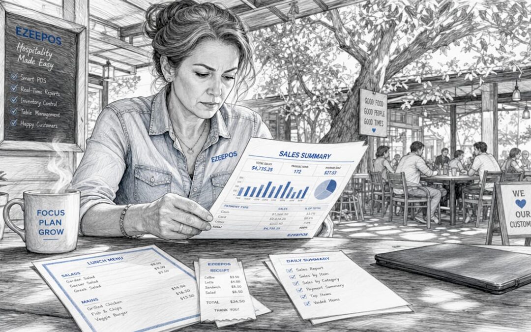 Hospitality manager viewing POS sales reports