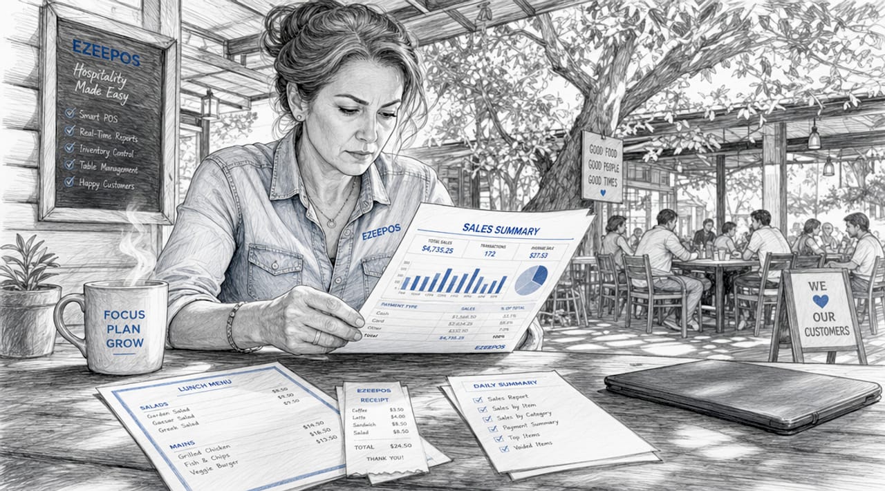 Hospitality manager viewing POS sales reports