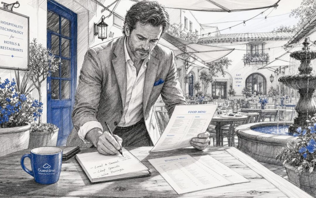 Hospitality manager analyzing printed menu and laptop data