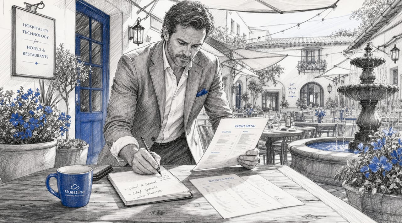 Hospitality manager analyzing printed menu and laptop data