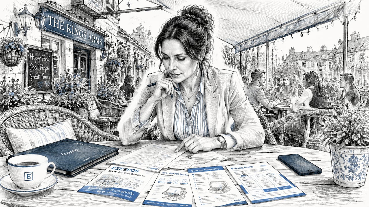 Restaurant manager reviewing payment brochures