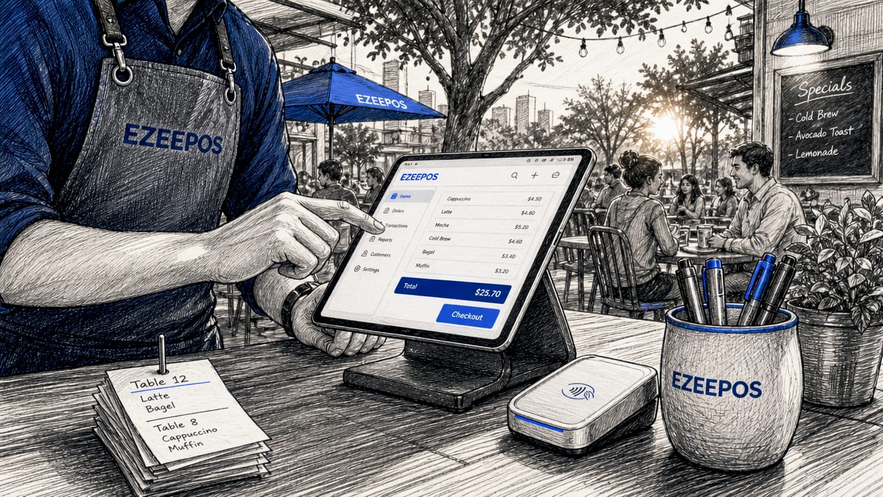 Barista using tablet POS at café counter